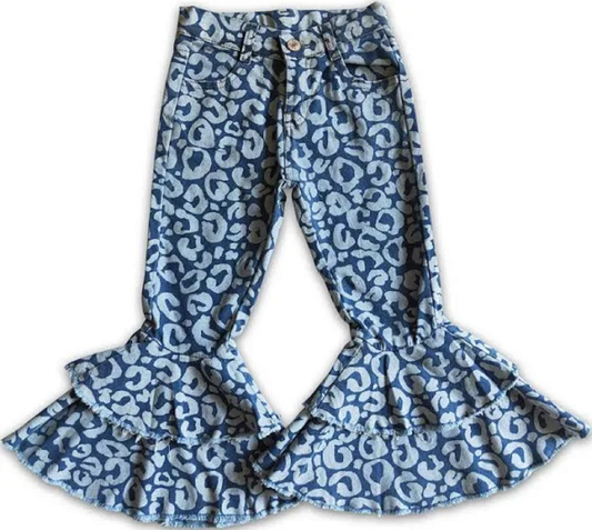 Blue Leopard Double Ruffle Bell Bottom Pants