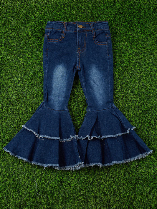 Dark Blue Double Ruffle Bell Bottom Jeans