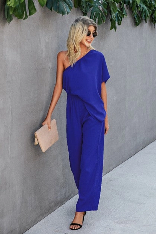 Ladies Royal Blue One Shoulder Loose Solid Jumpsuit