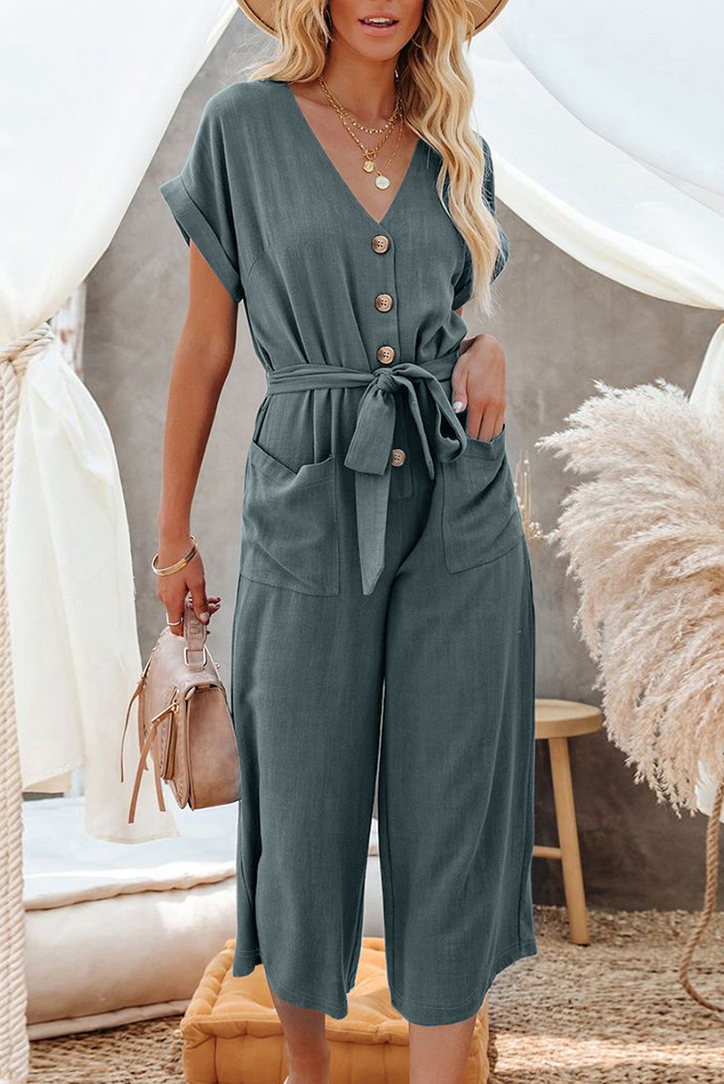 Blue Dolman Button Belted V Neck Wide Leg Pocketed Jumpsuit