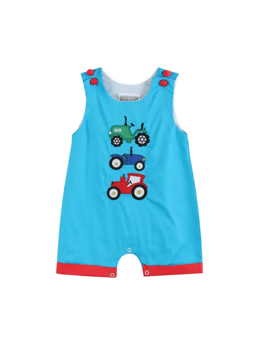 Lil Cactus Blue Tractor Applique Shortalls