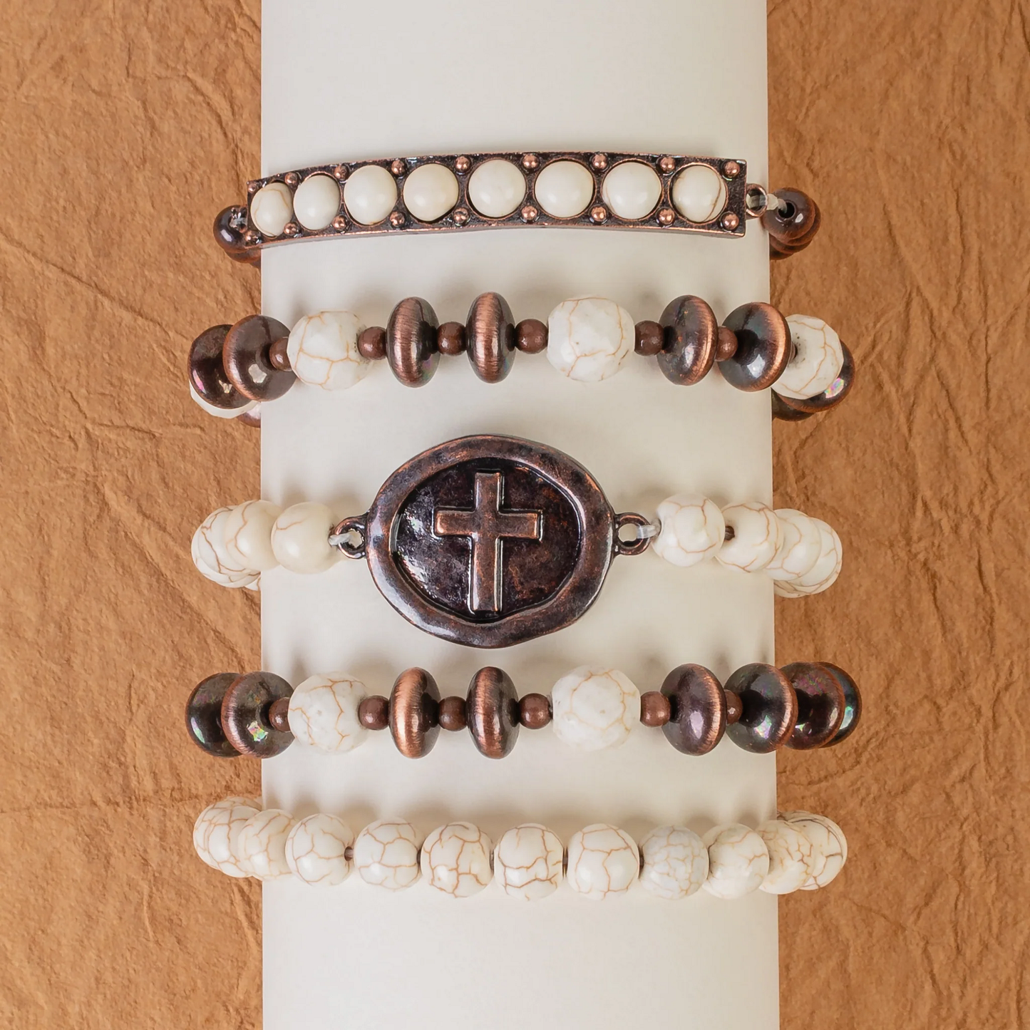 Cross Stacked Bracelets - Ivory & Copper