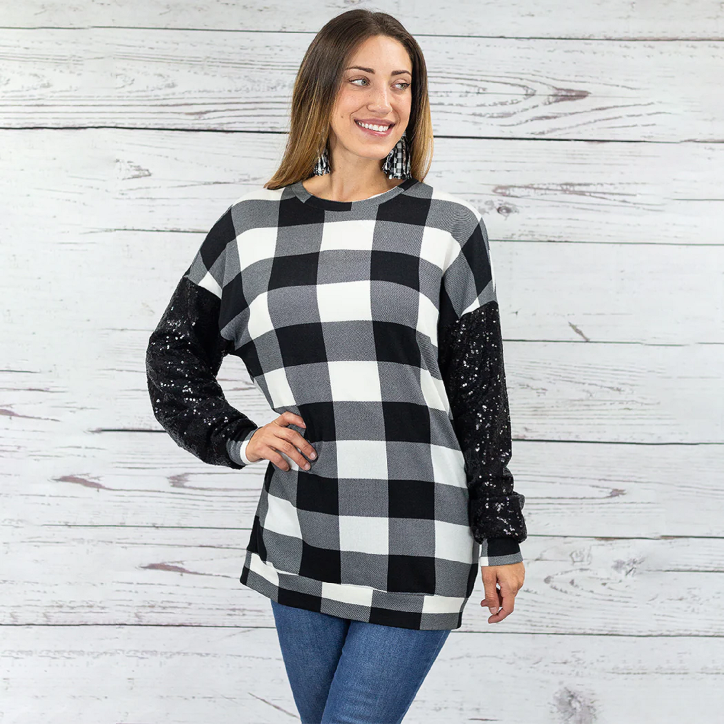 Black & White Buffalo Plaid with Sequin Long Sleeve Top