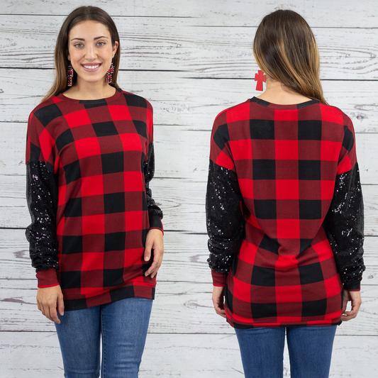 Buffalo Plaid with Sequin Long Sleeve Top