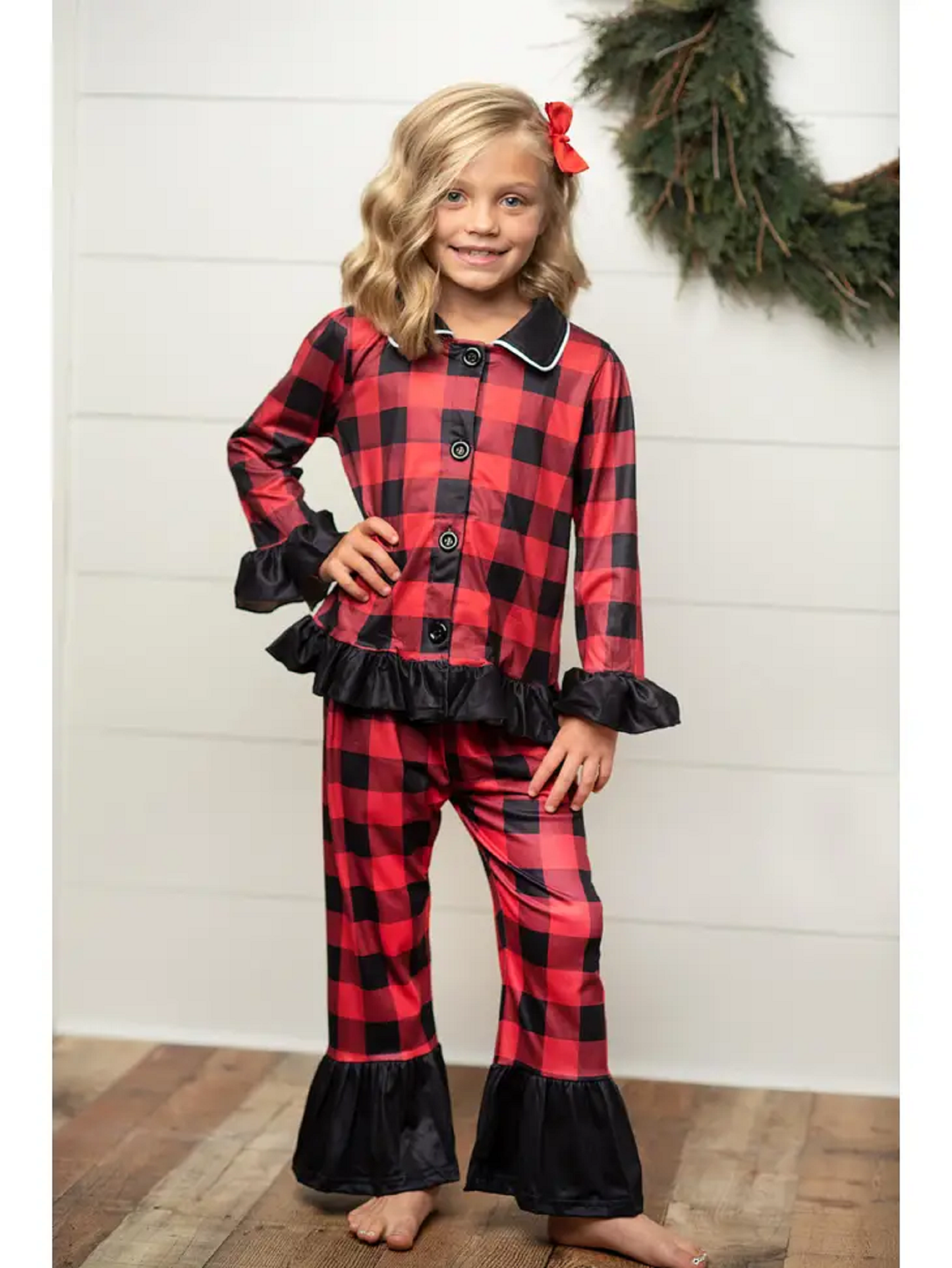 Kids Red Plaid Buffalo Check Button Loungewear