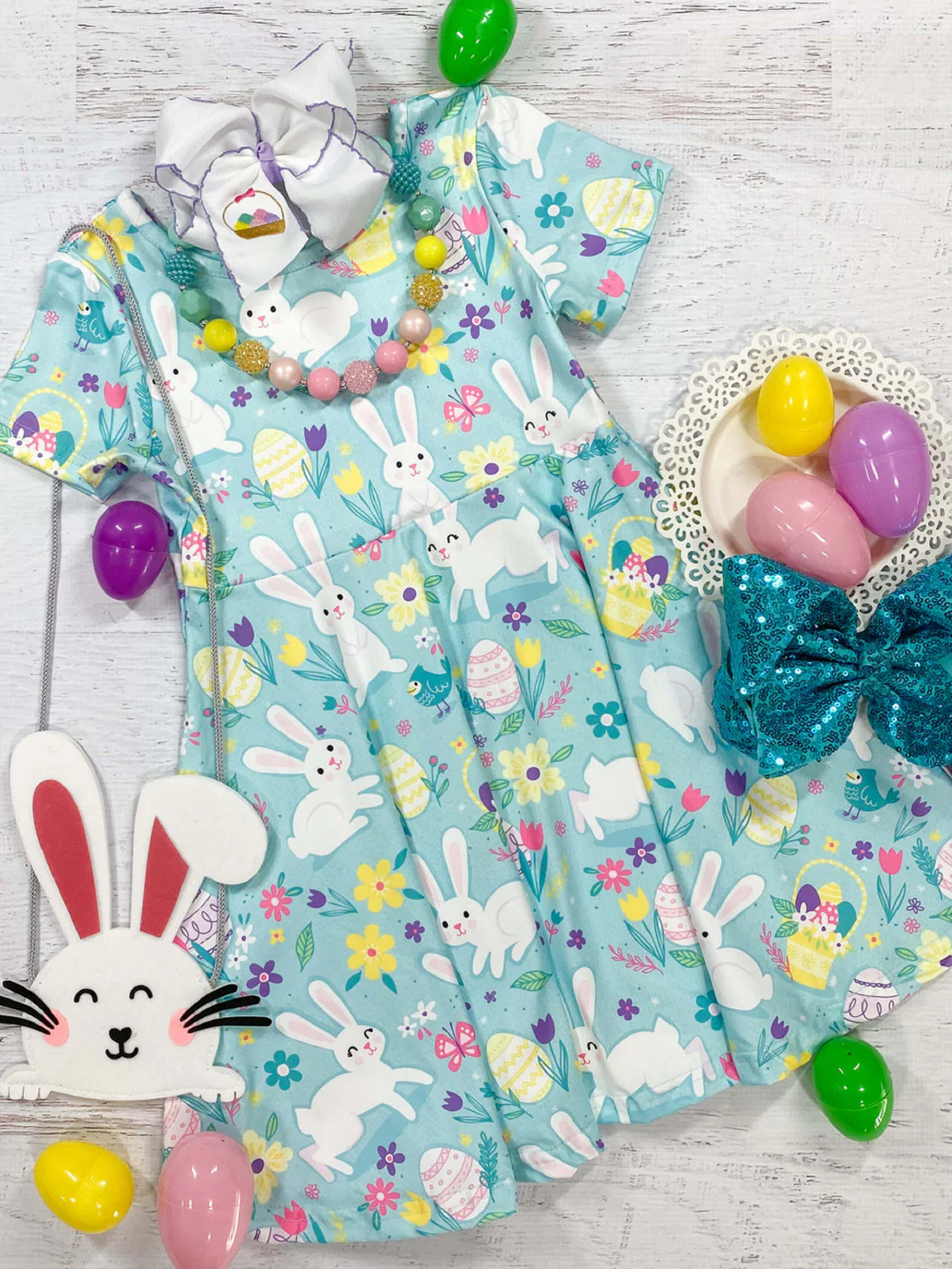 Turquoise Easter Bunny Short Sleeve Dress