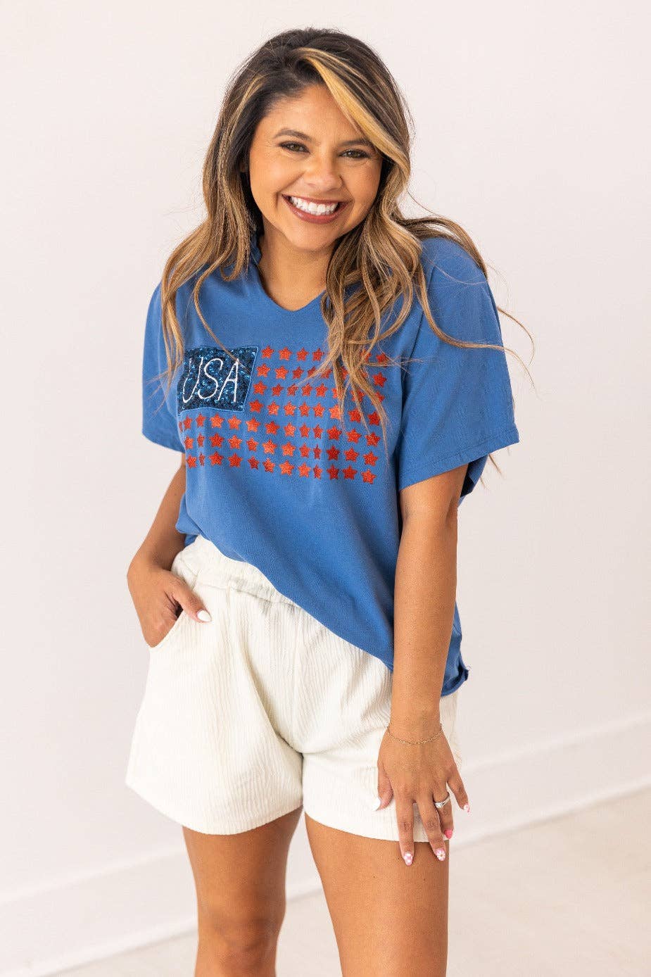 USA Flag Glitter Stars Top: Blue
