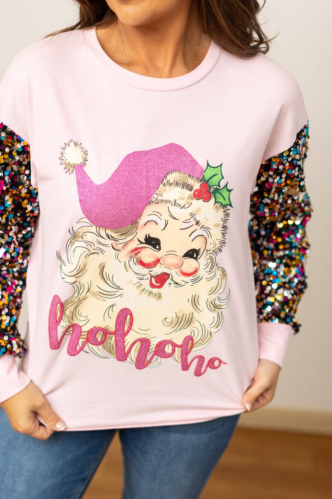 Pink Sequin Sleeve Santa Clause: Pink
