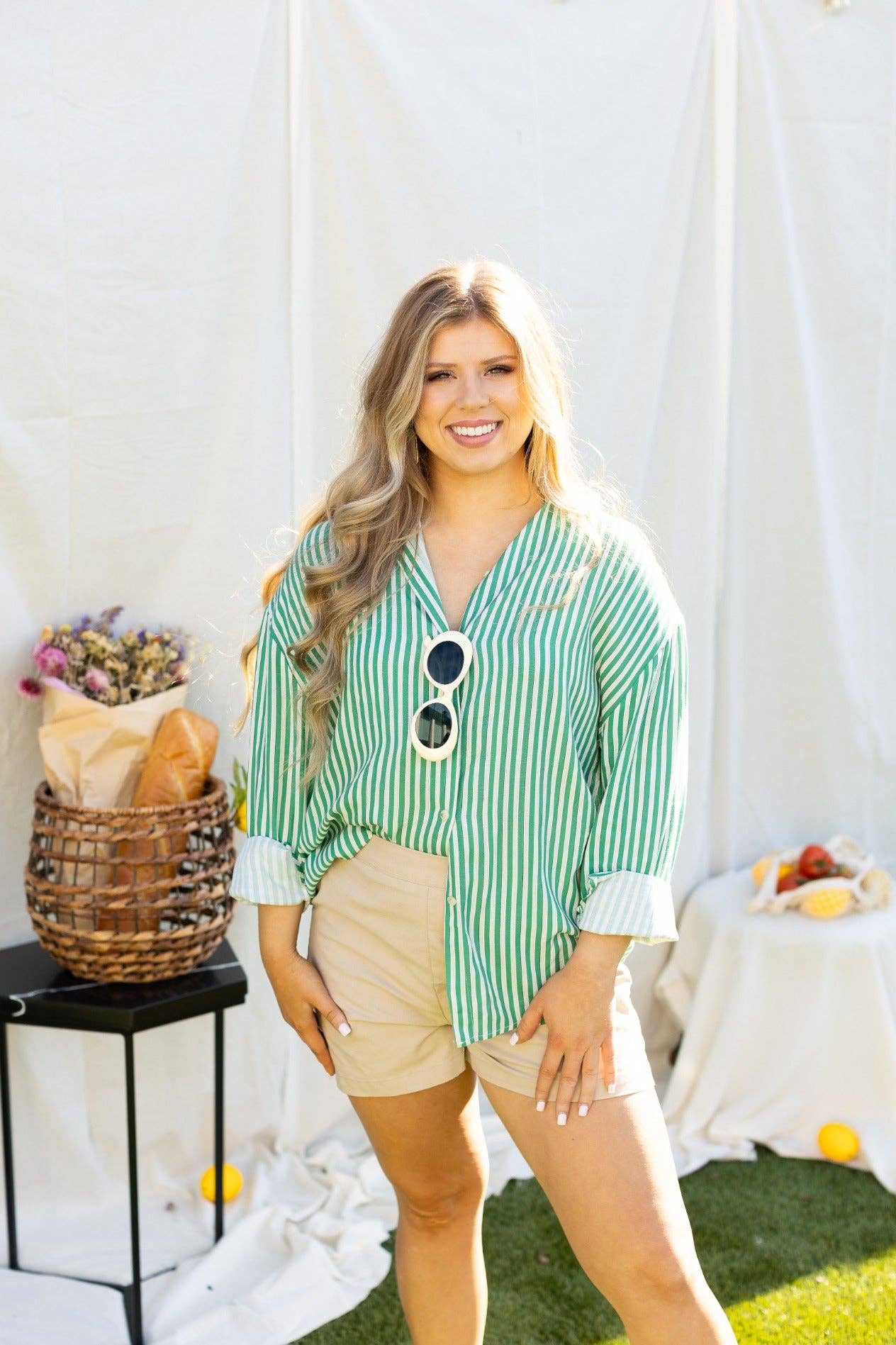 The Kathryn Button-Up, Striped Green: Green