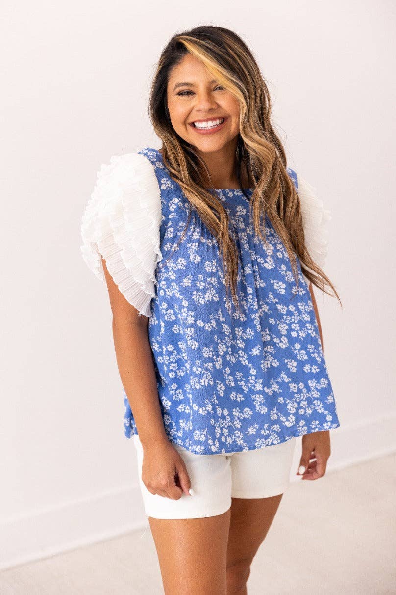 Blue Floral Blouse Ruffle Sleeve: Blue