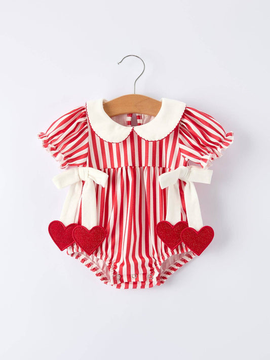 Valentine's Red Stripe Heart Bubble Romper for Baby Girls: 12M