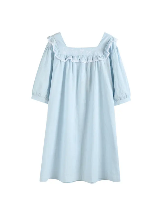 Lil Cactus Ladies Light Blue Cotton Ruffle Embroidery Dress