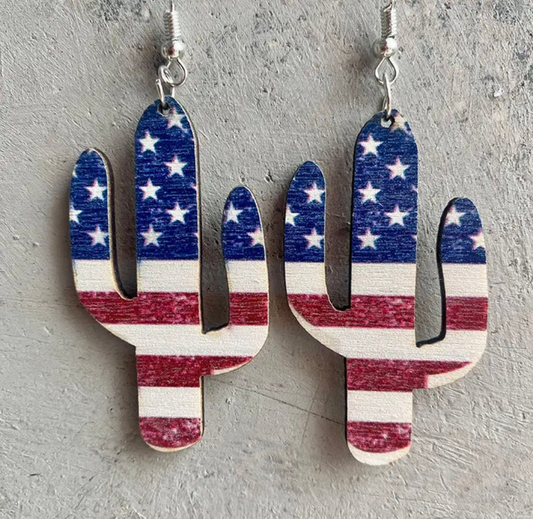 Patriotic USA Stars & Stripe Cactus Wooden Earrings