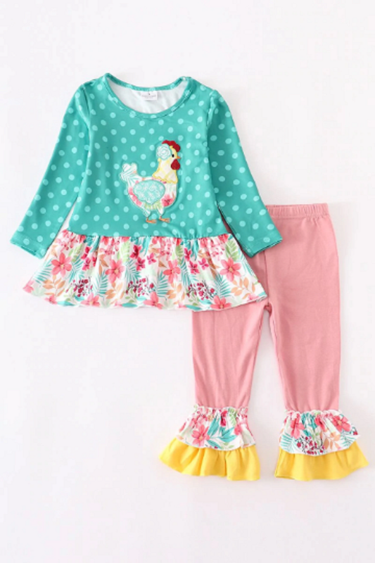 Teal Polkadot Chicken Applique Top with Pants