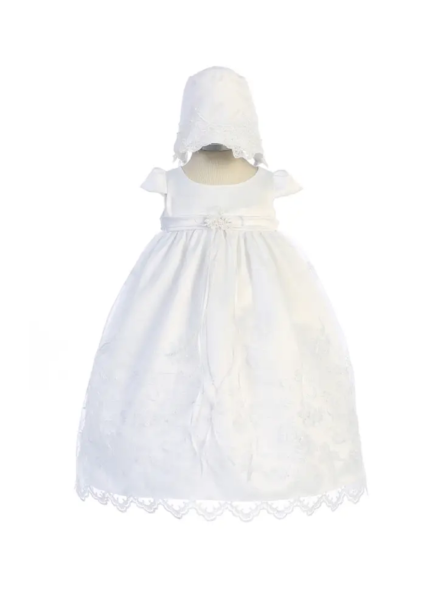 Cross Embroidered Christening Baby Gown with Matching Bonnet