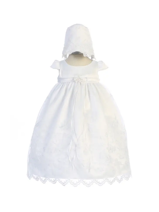 Cross Embroidered Christening Baby Gown with Matching Bonnet