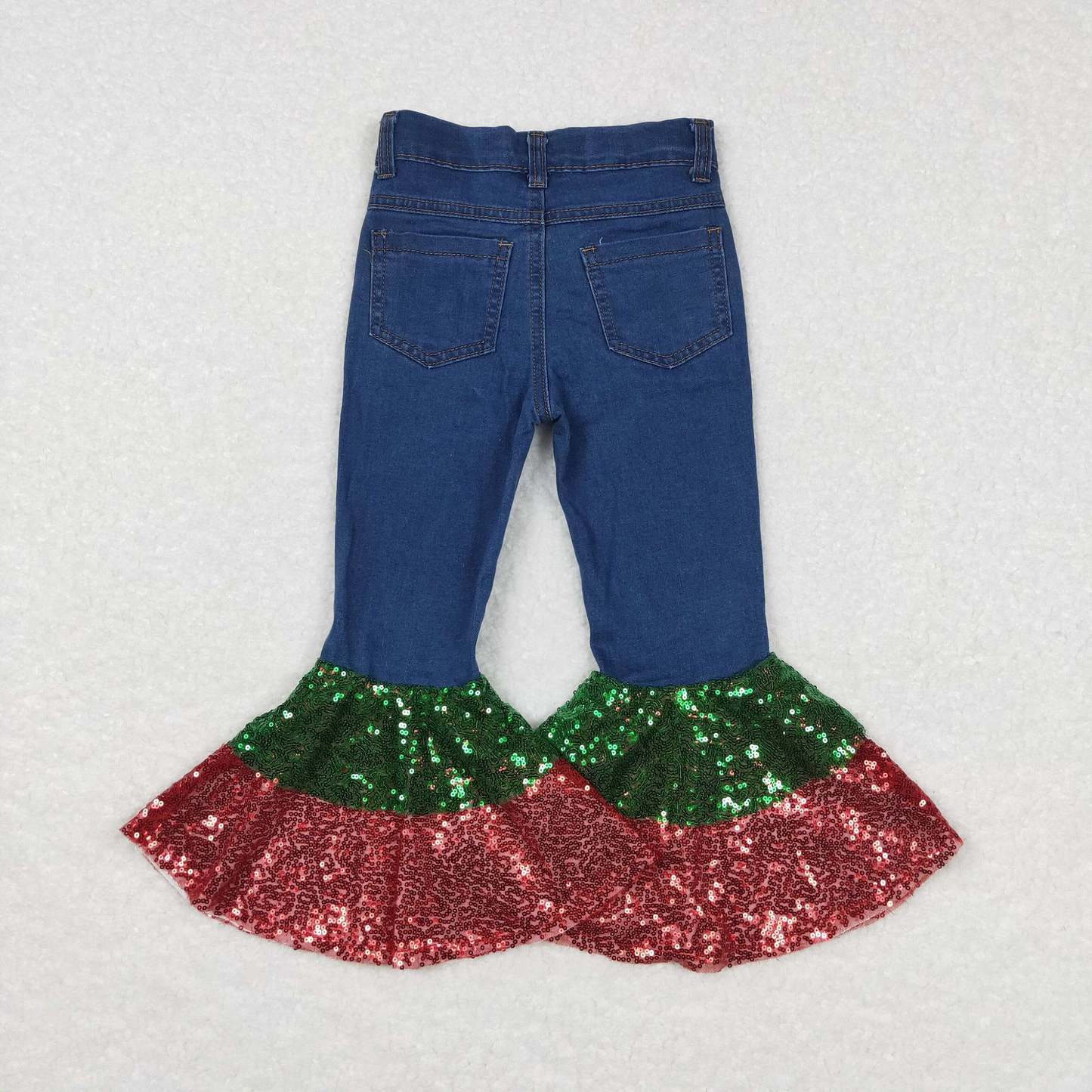 Red and Green Shimmering Sequin Bell Bottom Jeans