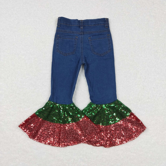 Red and Green Shimmering Sequin Bell Bottom Jeans