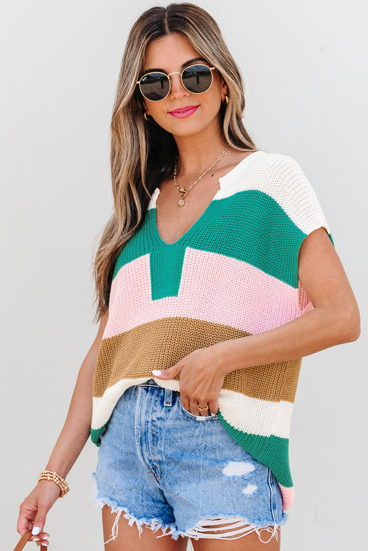 Multicolor Color Block Notch V Neck Sweater
