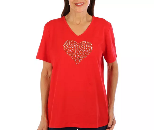 Coral Bay Womens Jewelled Heart Short Sleeve Top