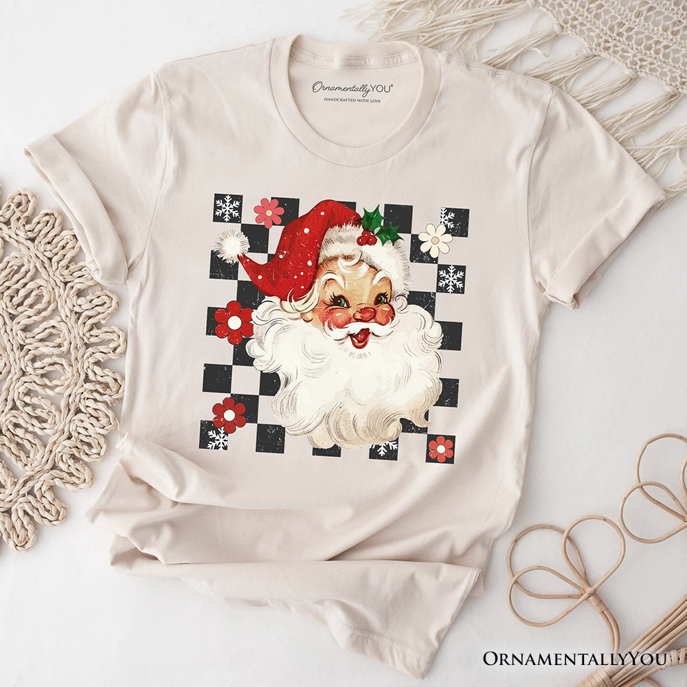 Checkered Santa Claus Vintage T-Shirt, Retro Christmas Tee: Natural