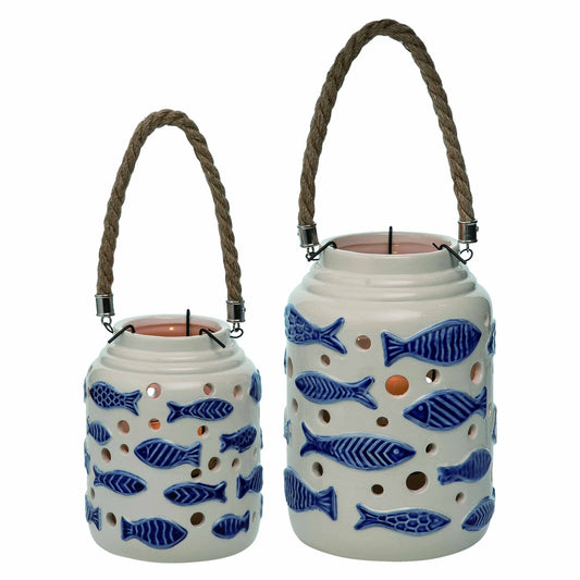 CLOSEOUT Transpac Cer Indigo Fish Lanterns S/2 Spring Home