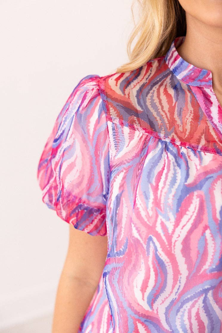 Abstract Stripe Puff Sleeve Blouse: Multi