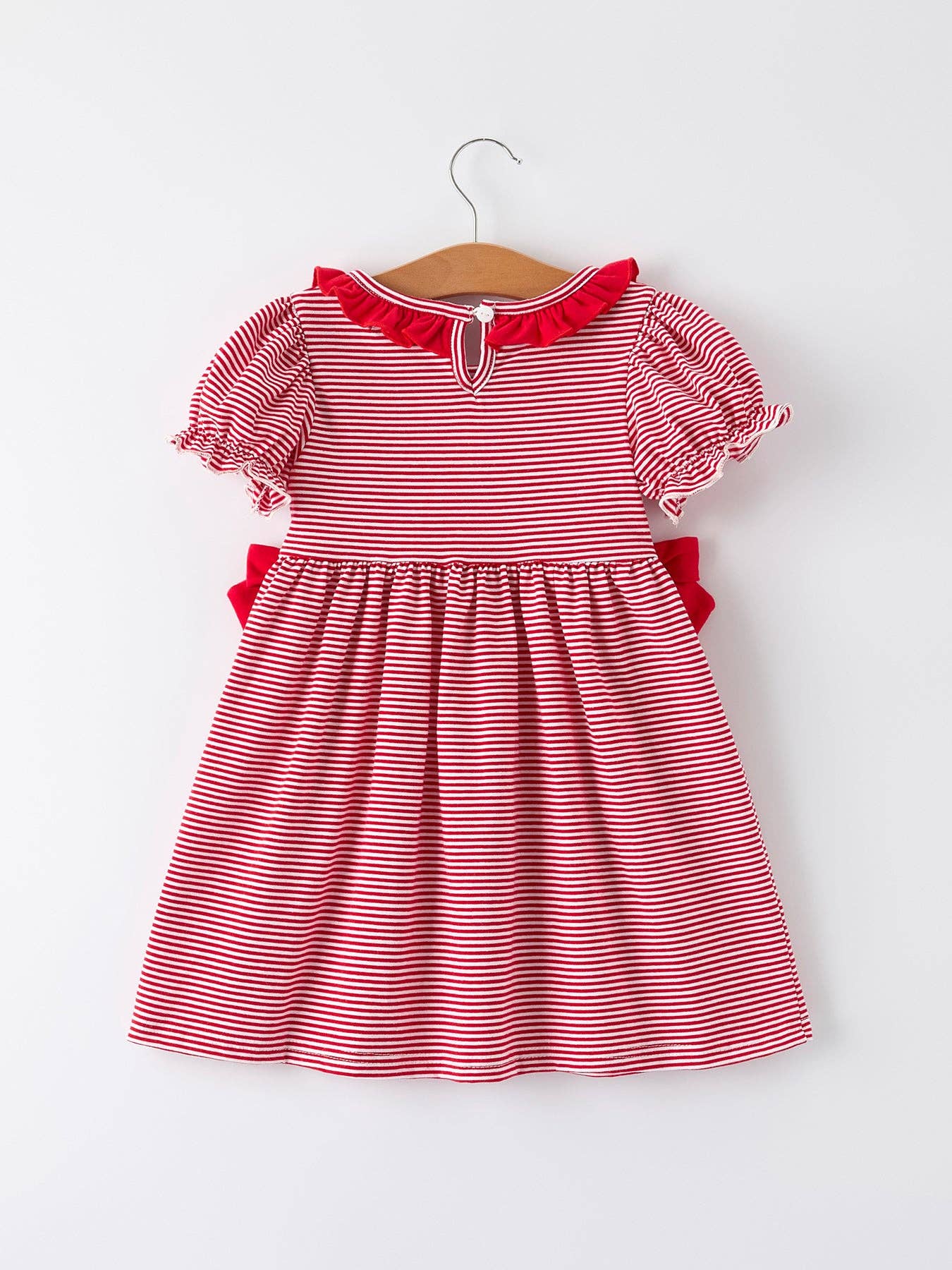 Holiday Girls Dress with Embroidered Christmas Lights and Red Bow Details