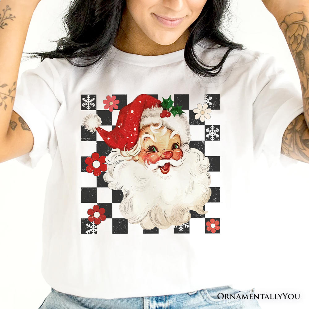 Checkered Santa Claus Vintage T-Shirt, Retro Christmas Tee: Natural