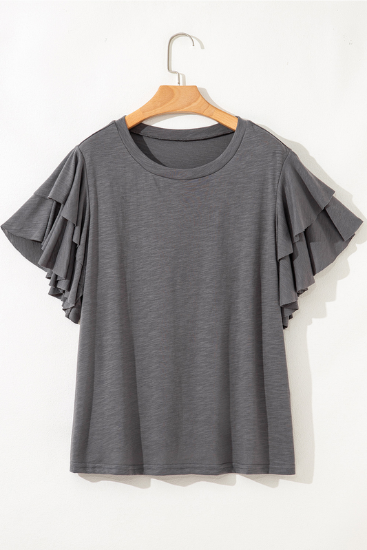 Dark Gray Double Ruffled Short Sleeve Top