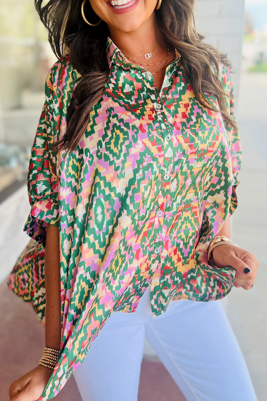 Green Abstract Print Half Sleeve Button up Loose Shirt