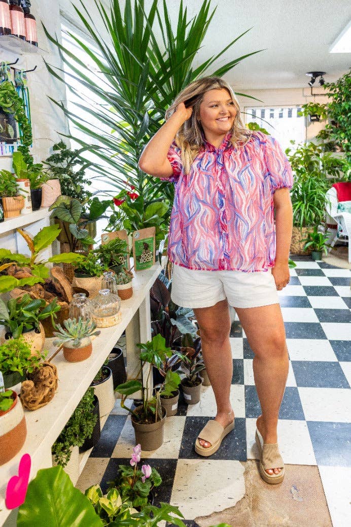 Abstract Stripe Puff Sleeve Blouse: Multi