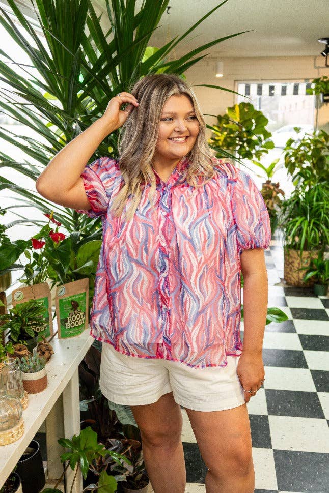 Abstract Stripe Puff Sleeve Blouse: Multi