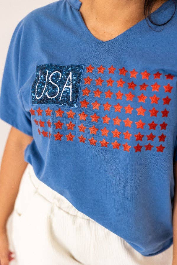 USA Flag Glitter Stars Top: Blue
