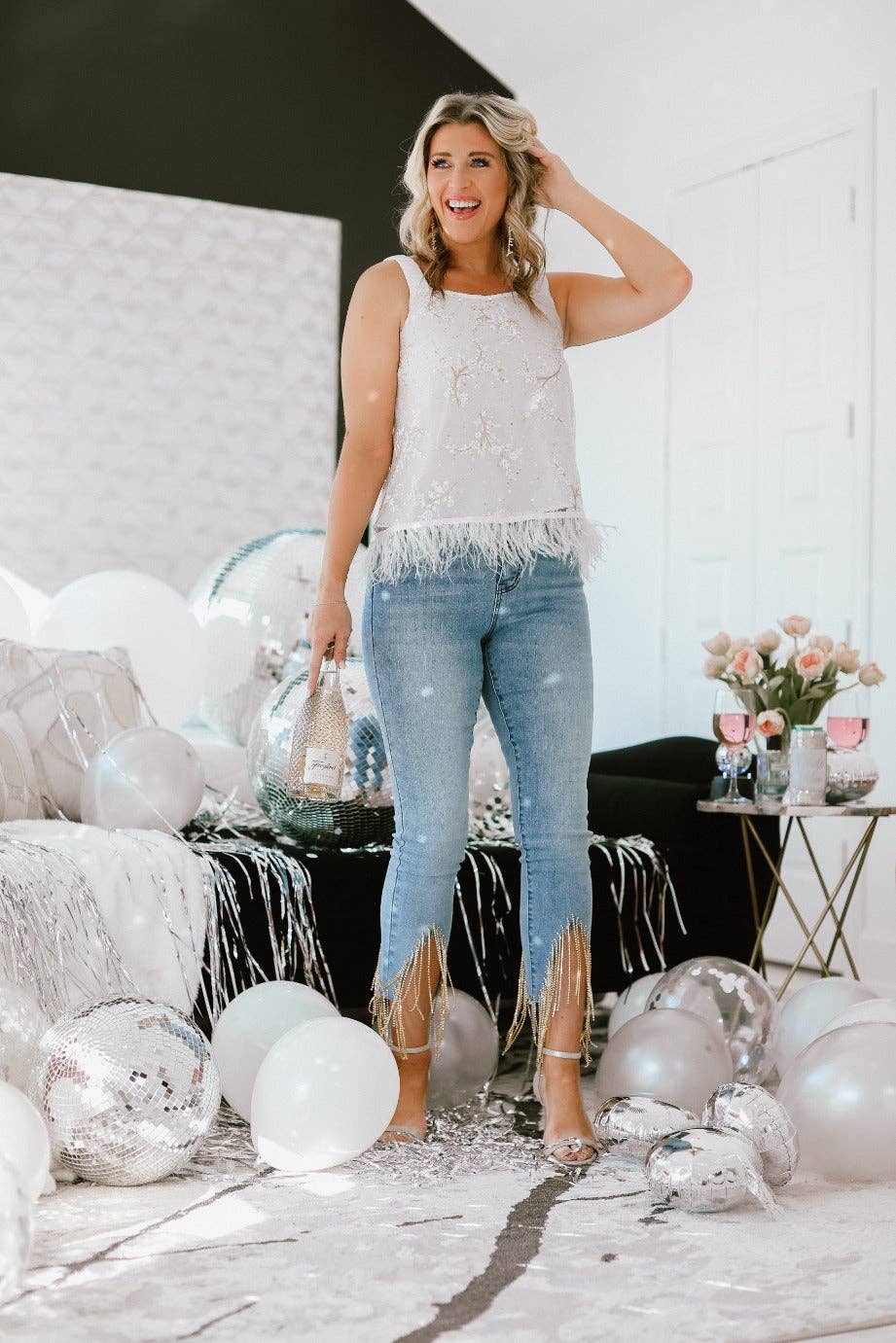 Shimmy and Shake Sequin Floral Crop with Feather Trim: White