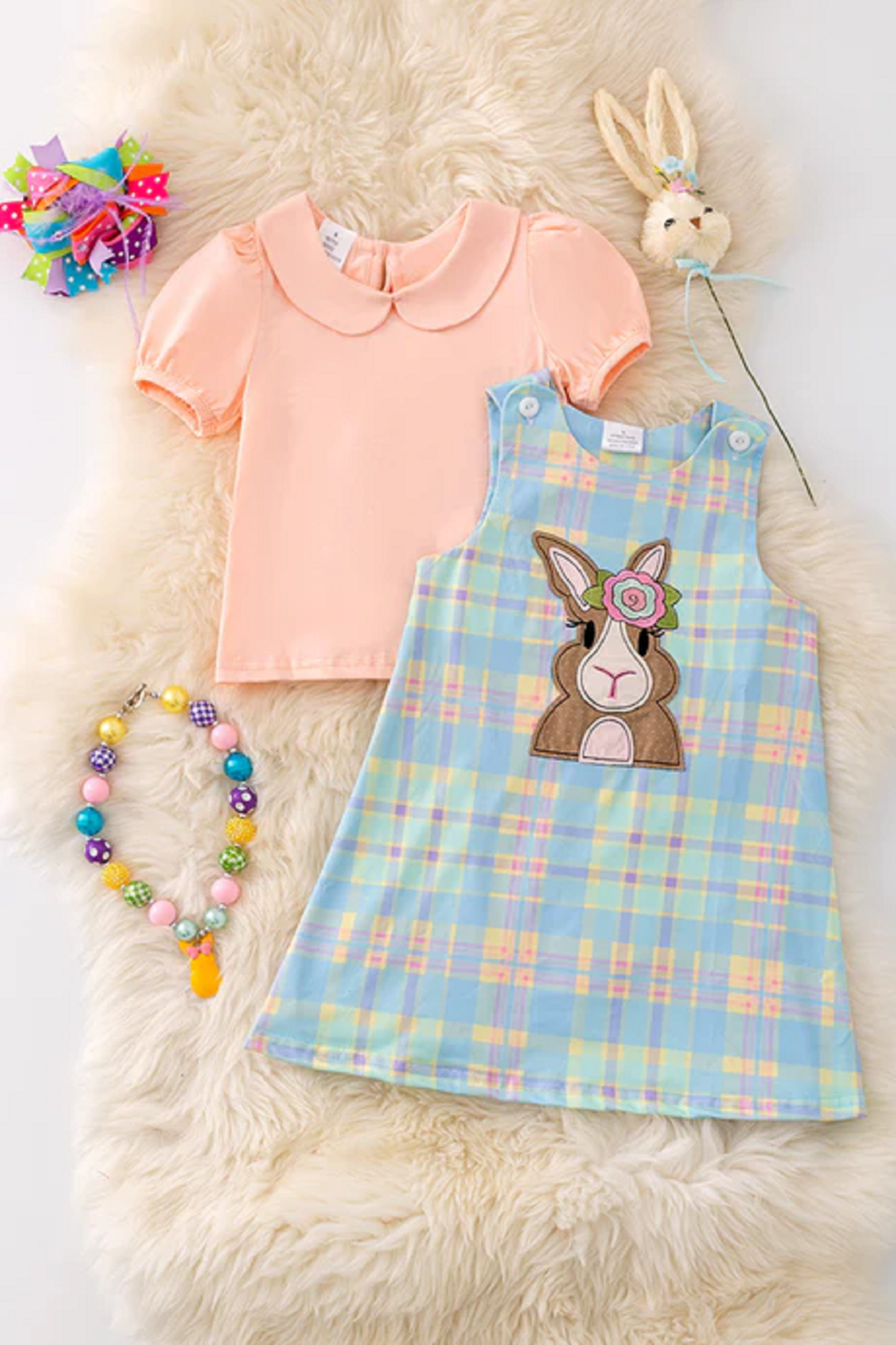 Easter Bunny Applique Dress with Peach Top