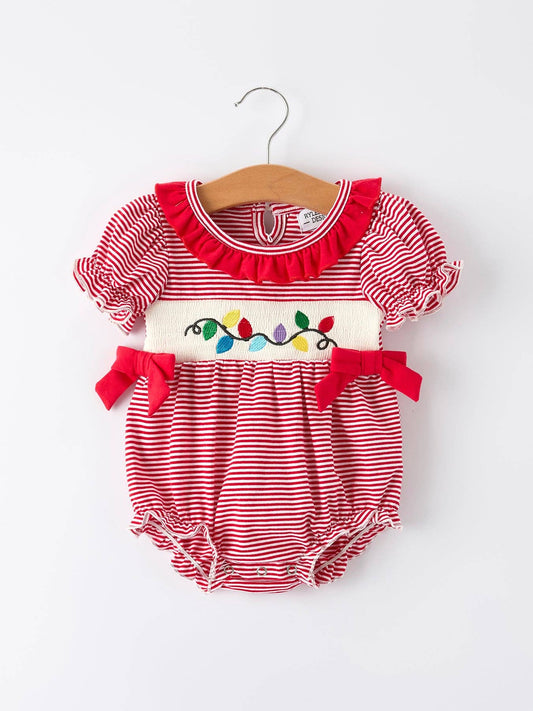 Holiday Baby Girls Romper with Embroidered Christmas Lights and Red Bow Details