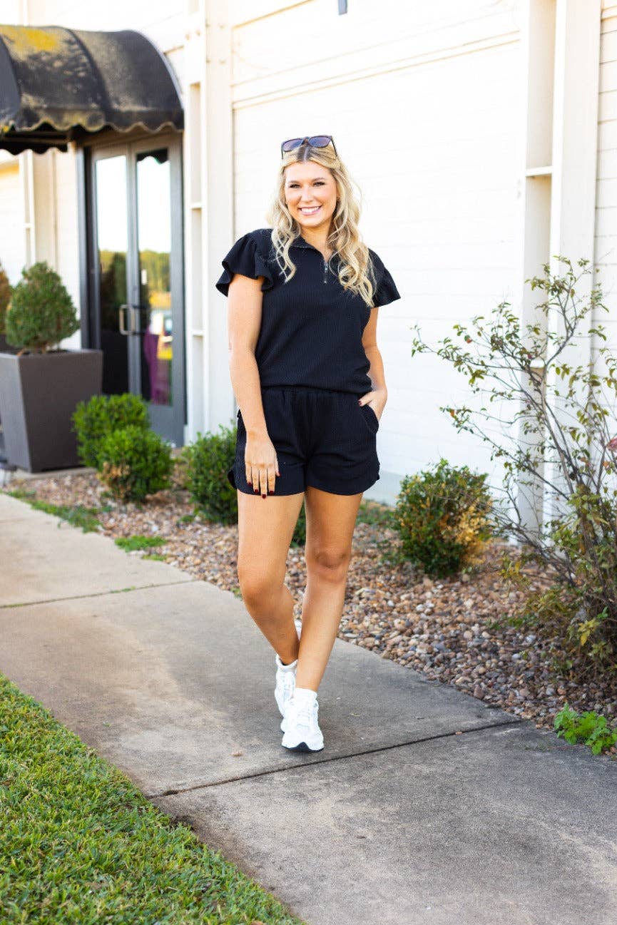 Black Quarter Zip with Flutter Sleeves: Black / S