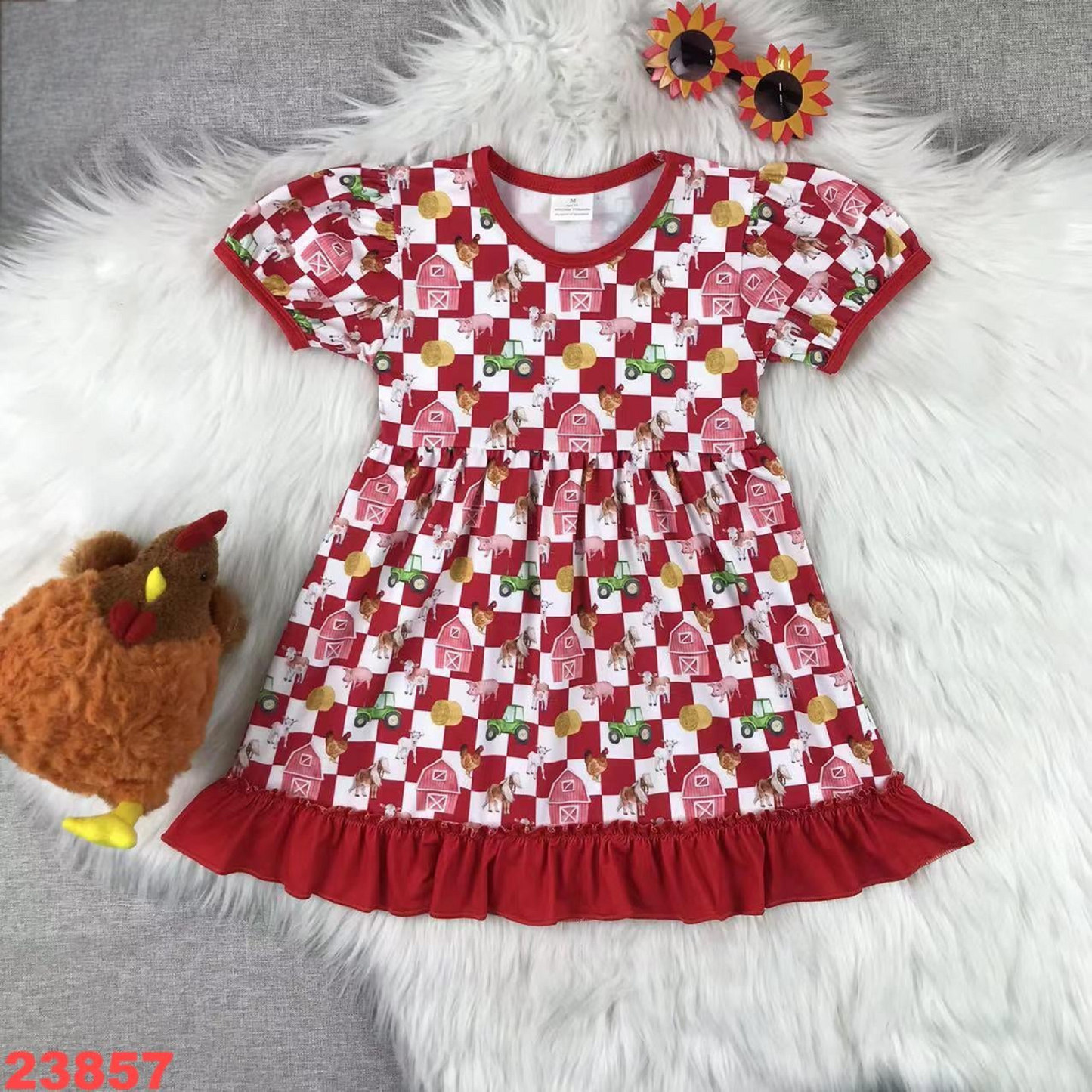 Girls Short Sleeve Farm Check Dress