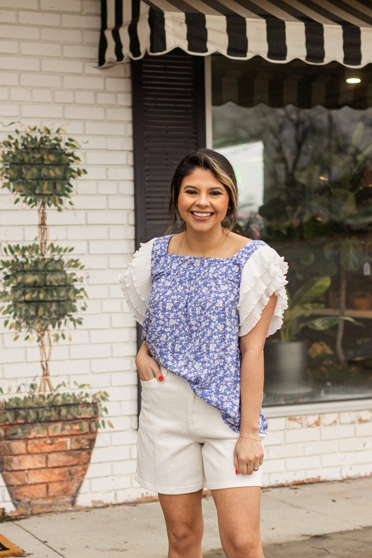 Blue Floral Blouse Ruffle Sleeve: Blue