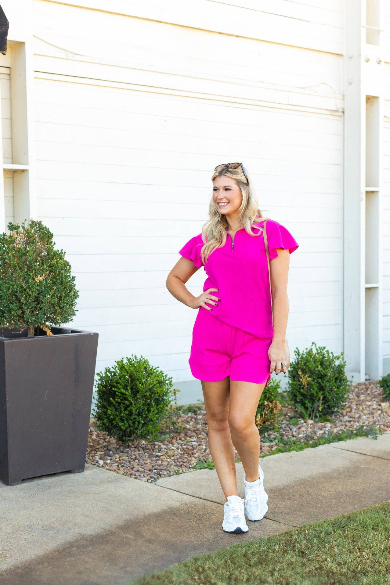 Hot Pink Quarter Zip with Flutter Sleeves: Pink