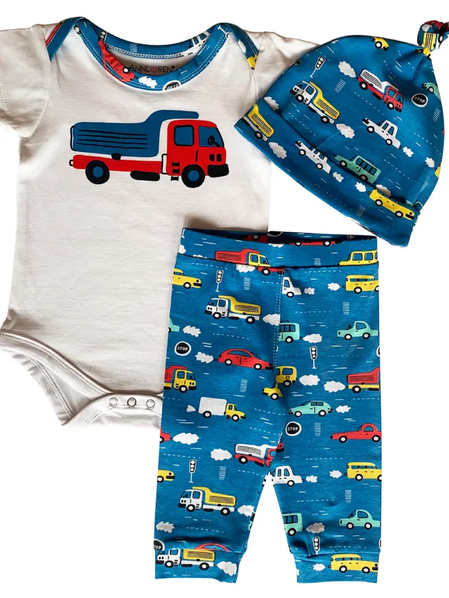 3pc Baby Shower Gift Car Truck Layette Onesie Pants & Cap