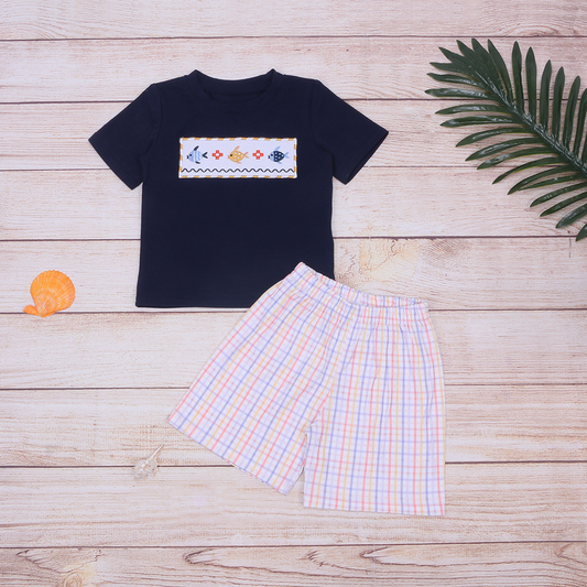 Navy Shirt With Fish Short Set