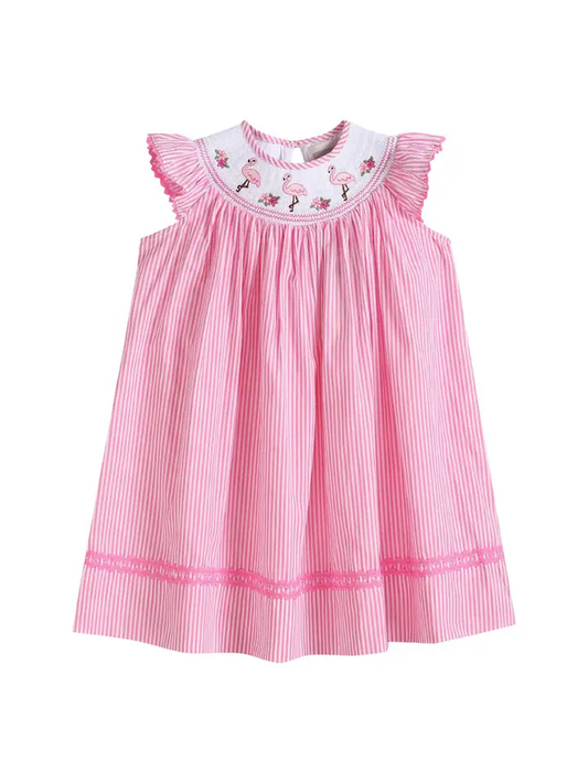 Lil Cactus Pink Striped Flamingo Smocked Bishop Dress