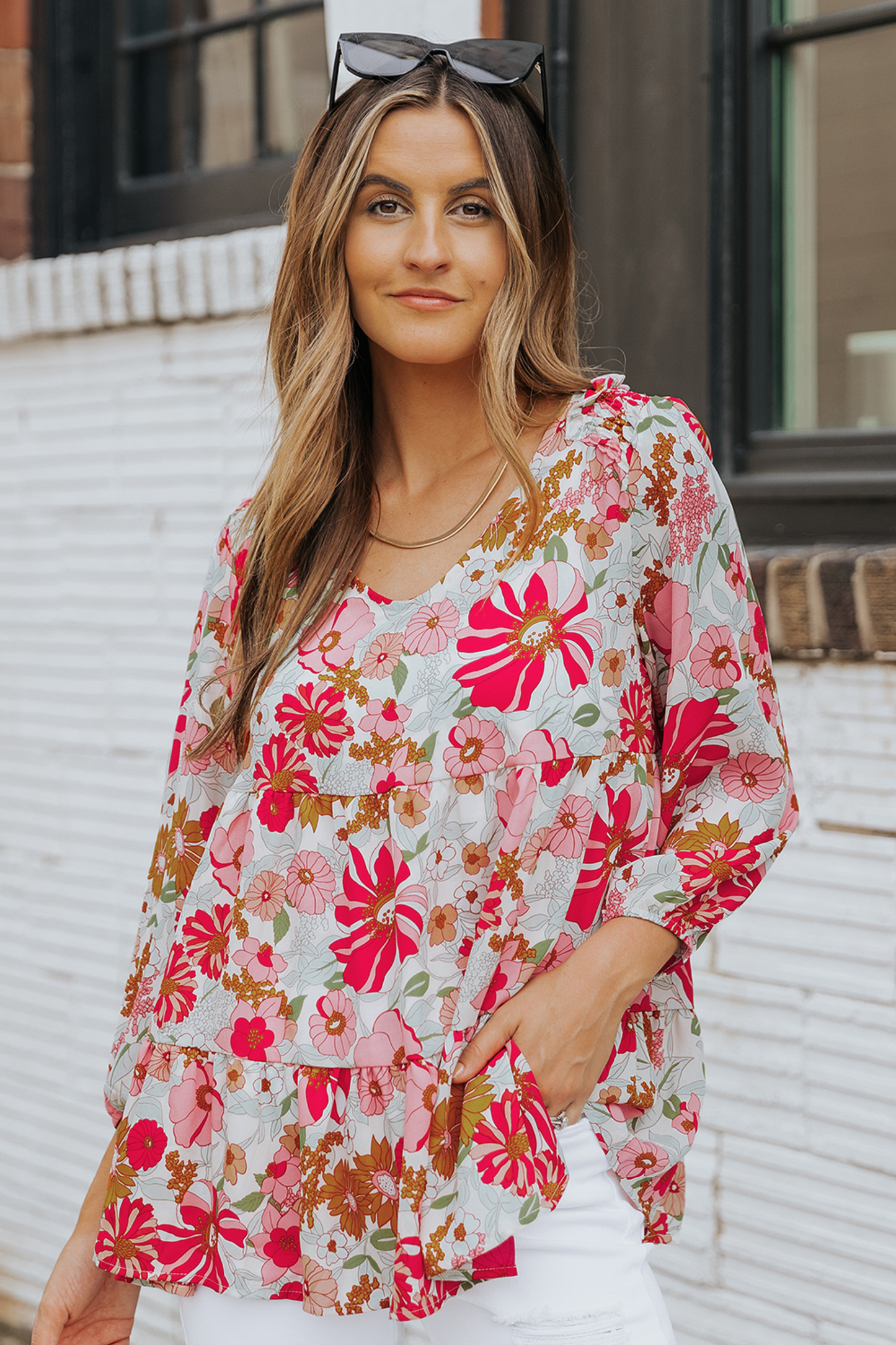 Floral Print V Neck Babydoll Blouse