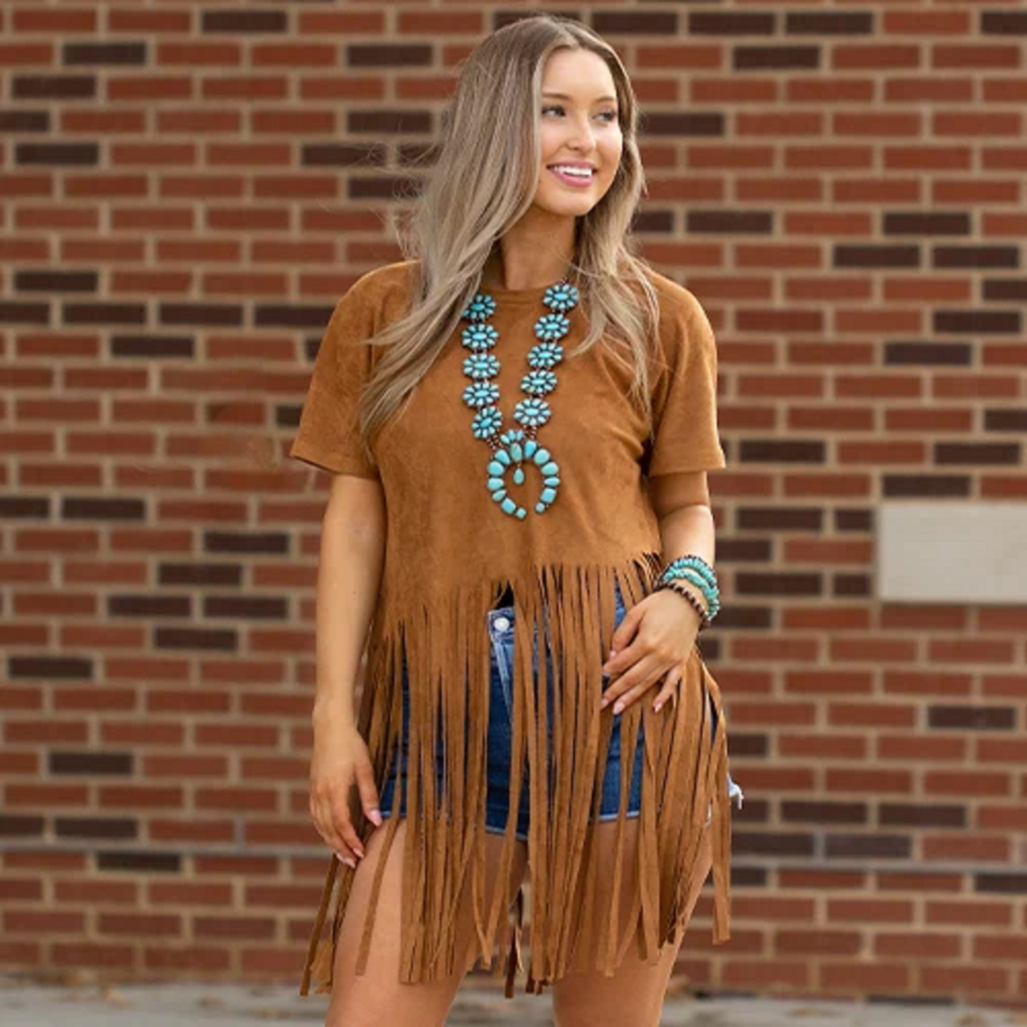 Suede Feel Brown Fringe Top