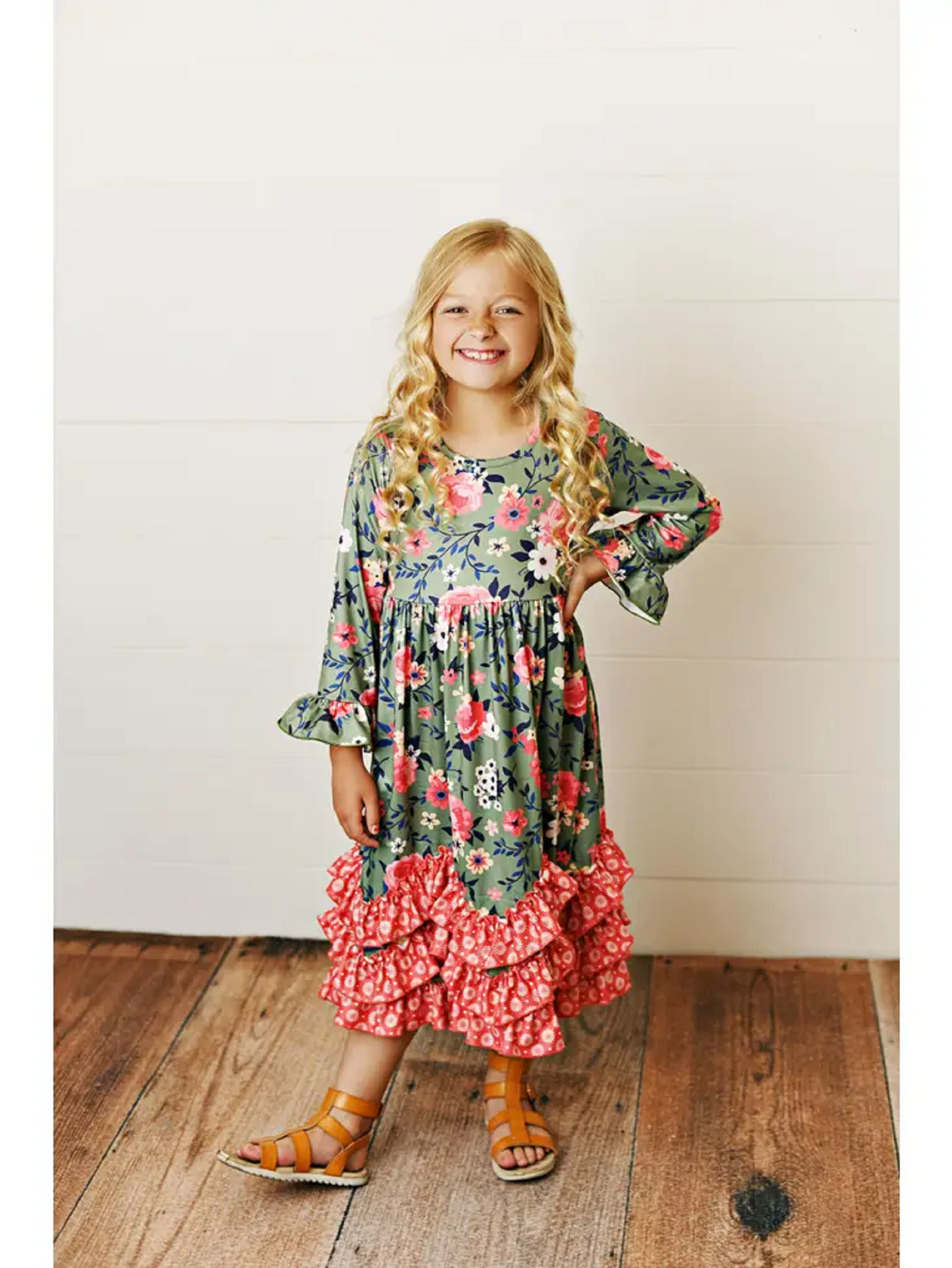 3 Ruffle Sage & Floral Long Sleeve Dress