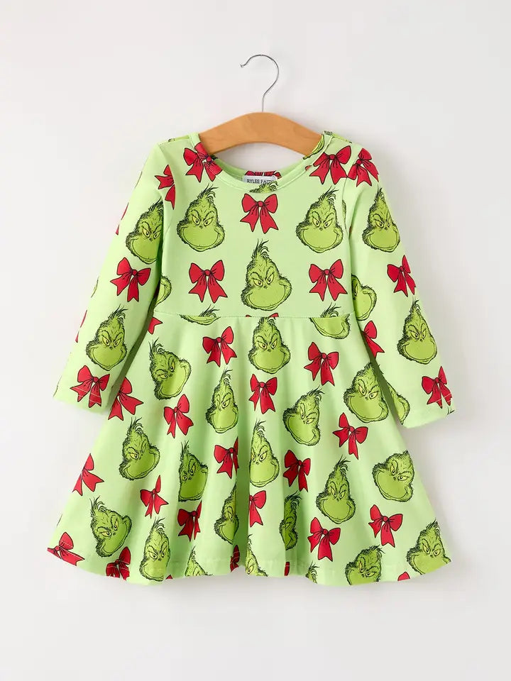 Winter Christmas Tree Bow Character Print Green Girls Dress