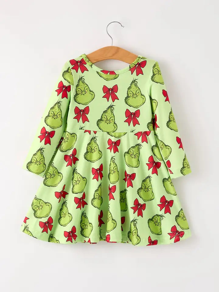 Winter Christmas Tree Bow Character Print Green Girls Dress