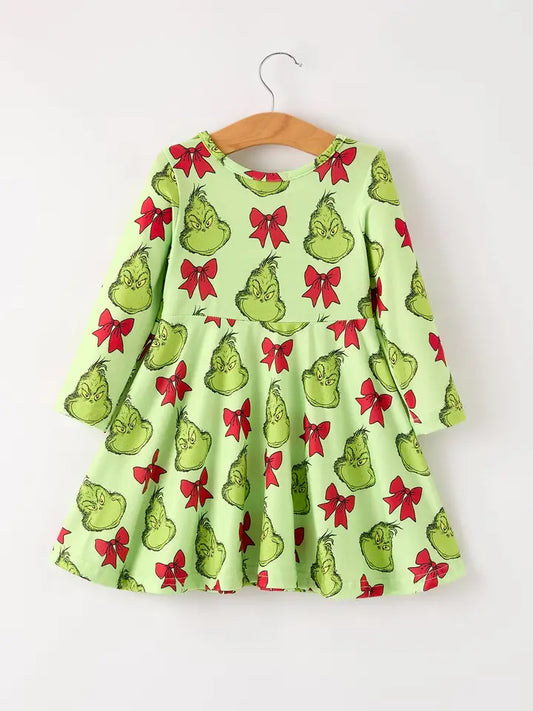 Winter Christmas Tree Bow Character Print Green Girls Dress